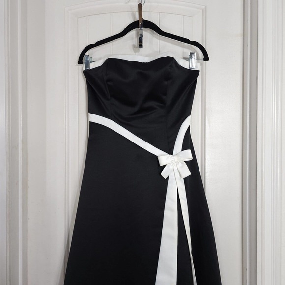 Jessica Mcclintock Gunne Sax Dress Black Satin White Bow Tea Evening Gown Vtg 4 - Picture 3 of 12